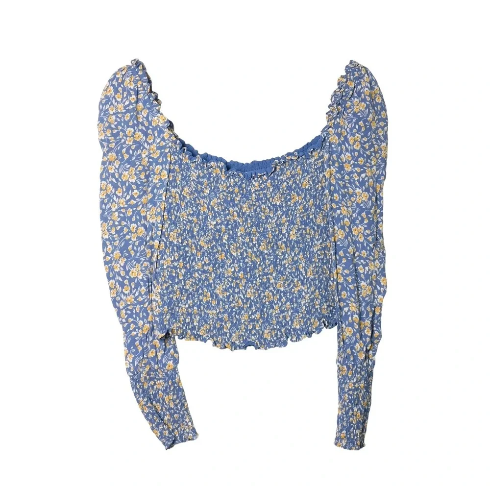 Reformation‎ Pinto Top Blue Floral Smocked Bodice Long Sleeve Blouse Medium